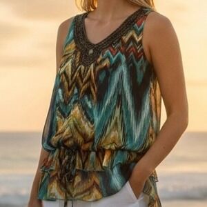 Adiva Womens Teal Orange Ikat Beaded V-Neck Ruffle Blouse Top Size M Tribal Boho